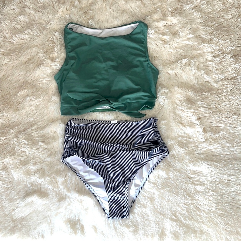 High Waisted Bathing Suits Women 2 Piece High Neck Bow Knot Modest Swimsuits Med